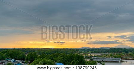 Beautiful Panorama View Of Sunset Background In The Countryside Of Thailand.