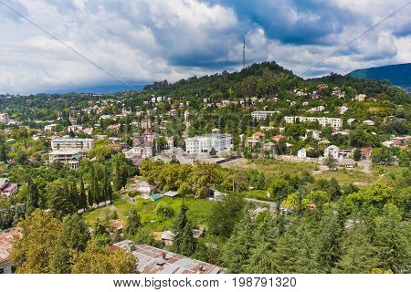 Day aerial cityscape of Sukhum downtown, Abkhazia in summer from the roof