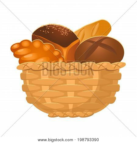 Closeup of big homemade wicker basket containing bakery products of various types isolated vector illustration on white in realistic style
