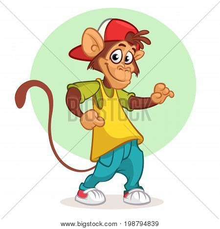 Cool monkey dancing in modern clothes. Vector flat cartoon illustration. Chimpanzee mascot