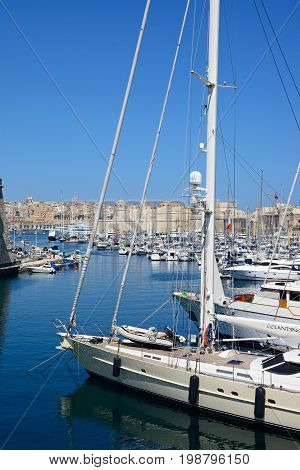 VITTORIOSA, MALTA - MARCH 31, 2017 - View of Vittoriosa and Senglea marina with views towards Valletta Vittoriosa (Birgu) Malta Europe, March 31, 2017.