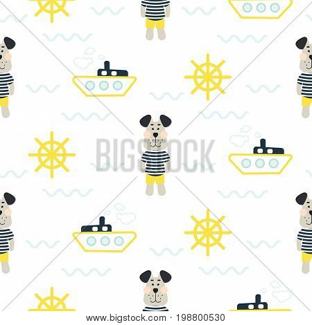 Pajamas boy pattern with tilda sailor dog seamless vector. Cute child style textile fabric cartoon marine blue and yellow background for bed linen, clothes and kid stuff.