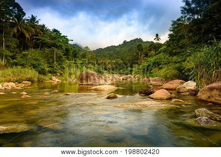 Rocks from the mountains in clear streams the beauty prize of Khiriwong village Thailand