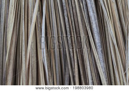 Dry palm leaf roof closeup. Palm roof photo texture. Natural texture of dried plant. Dehydrated hair concept. Asian lifestyle. Tropical island house texture. Rustic house construction. Poor people hut