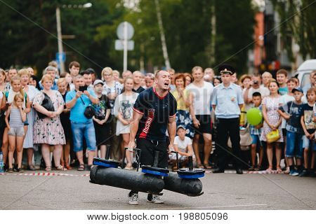 Osinniki, RUSSIA - July 28, 2017: Open festival on power extreme for Russian heroes bogatyrey.