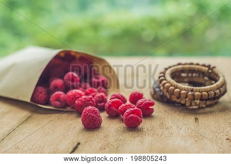 Summer Holiday, Vacation, Relaxation Concept. Raspberries, Straw Hat. Free Text Copy Space. Summer V