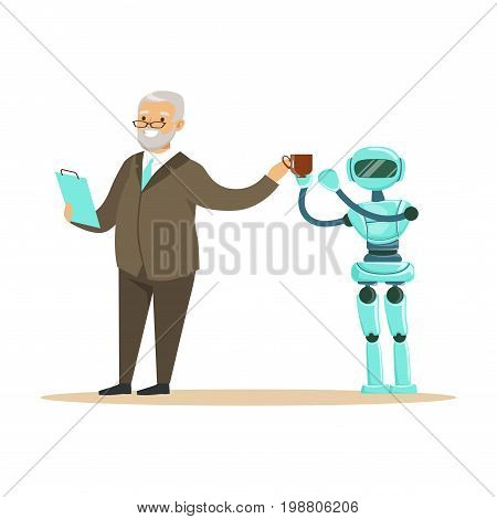 Humanoid robot bringing coffee for a smiling senior man, future technology concept vector Illustration on a white background