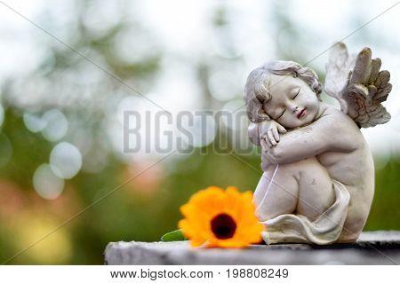 Little angel guardian sleeping on the grave