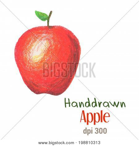 Red apple by oil pastel isolated on white background. Red apple isolated. Fresh whole apple handdrawn illustration. Juicy apple with green leaf. Red fruit from tree autumn harvest. Juicy fruit drawing