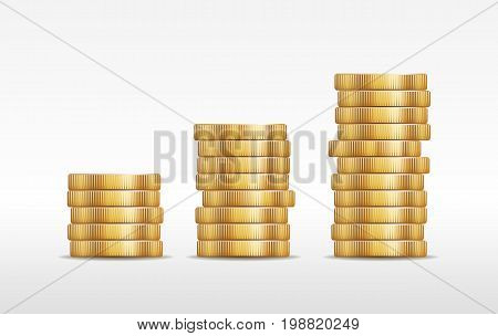 Three stacks of golden shiny coins vector illustration