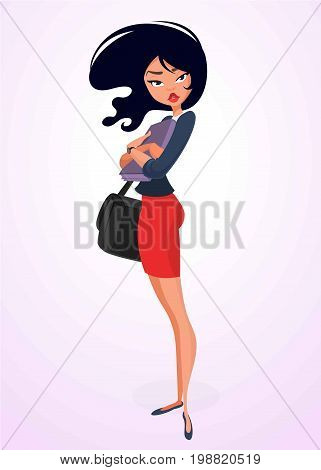 Business woman or teacher character with folder for papers and handbag posing. Vector. Cartoon woman in red dress and blue shirt. Character isolated