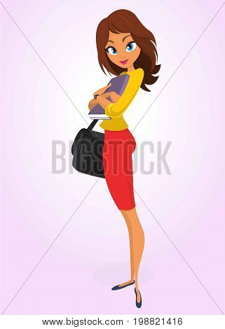 Business woman or teacher character with folder for papers and handbag posing. Vector. Cartoon woman in red dress and yellow shirt. Character vector isolated