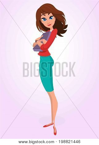 Business woman or teacher character with folder for papers posing. Vector. Cartoon woman in blue dress and red shirt. Character isolated