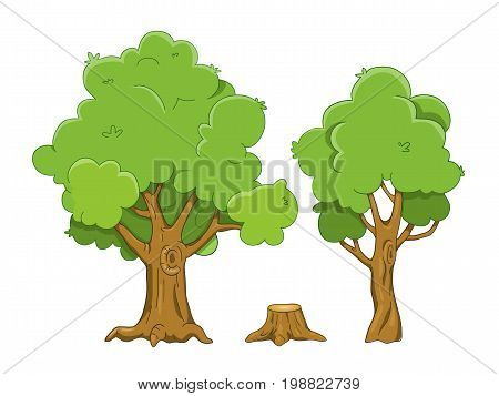 Set of vector cartoon tree and stump illustrations isolated on white background