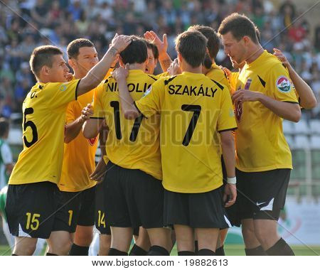 KAPOSVAR ฮังการี - อาจ 1: ผู้เล่น Videoton ฉลองเป้าหมายในการชิงแชมป์แห่งชาติฮังการีดังนั้น