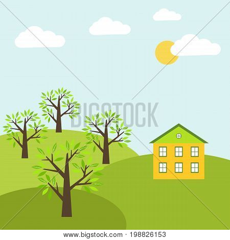 Summer landscape hill tree on a green meadow