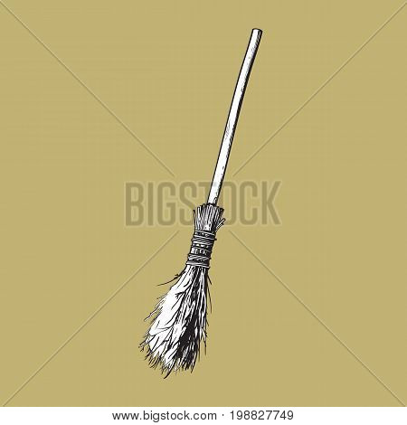 Single old twig broom, broomstick, traditional Halloween symbol, sketch style vector illustration isolated on background. Hand drawn, sketch style witch broom, broomstick, Halloween object