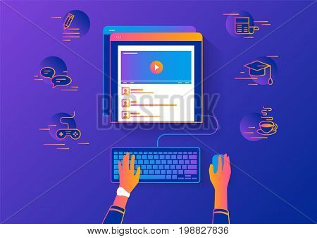 Video tutorial streaming isolated on red background. Elearning and video watching gradient line vector illustration of female hands using browser searching video tutorial or vlog for distance learning