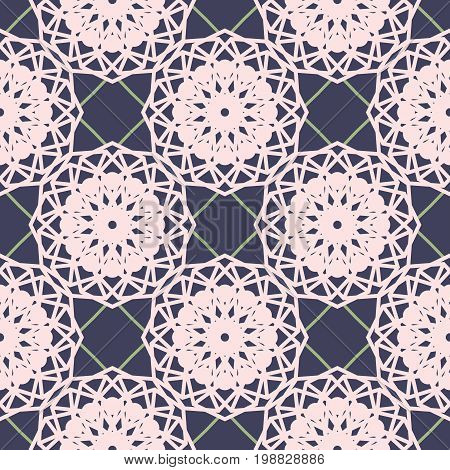 Seamless floral vector pattern. Light pink flowers on dark blue background. Ornamental decorative pattern with stylized lace-like flowers