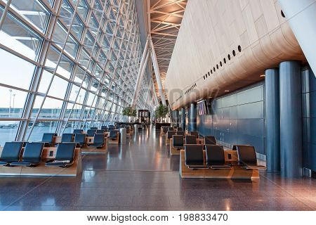 Zurich Switzerland - June 11 2017: Airport Zurich waiting area after check-in - airfield aside