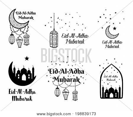 Eid Al Adha Mubarak Greeting Card, Banner, Poster, Logo With Lantern, Crescent, Moon And Star Elemen