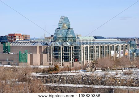 OTTAWA, CANADA - MAR. 10, 2012: Aerial view of National Gallery of Canada in winter, viewed from Ottawa Parliament Hill, Ottawa, Ontario, Canada.