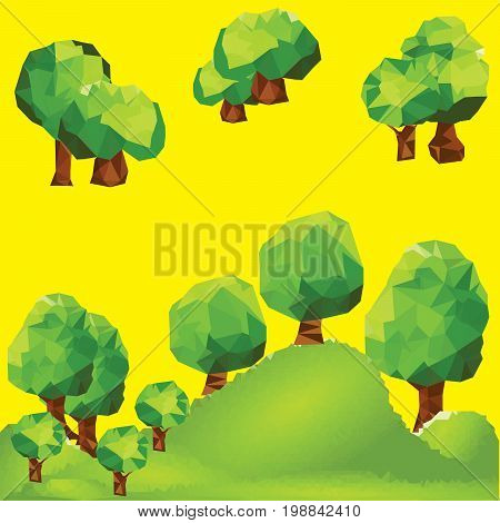 Abstract polygon trees in forest. Mountain landscape with syn background.