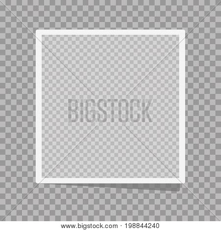 Photo frame on a isolated background. Realistic vector photo frame placed on transparent background. Realistic vector photo frame with straight edges on sticky tape placed vertically.