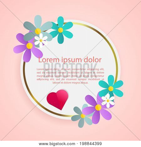 Romantic poster frame decoration with hearts, flowers and frame for Happy Valentines Day greeting card or Wedding invitation. Vector pink border template. Love, e-card, Origami Cut paper red heart