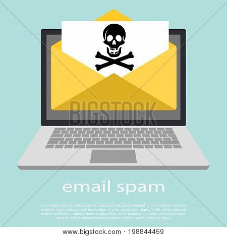 Laptop and envelope with skull and crossbones. E-mail spam, hacking, internet virus concept. Vector flat icon. The email virus. The message about the virus.