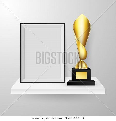 Realistic 3d Modern golden cup trophy and blank frame on white shelf on white background. Realistic 3d Golden trophy and blank frame on white shelf on white background vector illustration