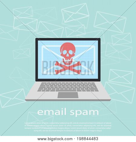 Laptop and envelope with skull and crossbones. E-mail spam, hacking, internet virus concept. Vector flat icon. The email virus. The message about the virus.