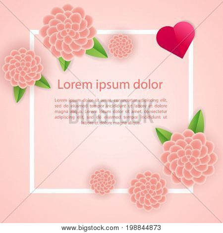 Romantic poster frame decoration with hearts, flowers and frame for Happy Valentines Day greeting card or Wedding invitation. Vector pink border template. Love, e-card, Origami Cut paper red heart