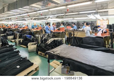 MOSCOW, RUSSIA - FEBRUARY 21, 2017: Moscow shoe factory JSC RALF RINGER. Shop processing of leather blanks.