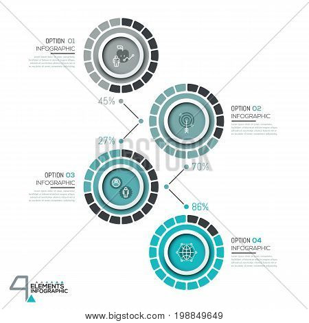 Infographic design template with 4 numbered circular elements with percentage indication, thin line icons and text boxes. Project fulfillment concept. Vector illustration for report, presentation.