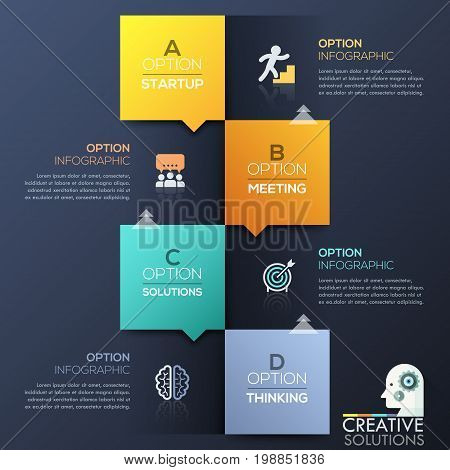 Modern infographic design template - 4 lettered colorful squares with arrows, icons and text boxes placed chequerwise. Four steps to achieve goal. Vector illustration for website, report, brochure.