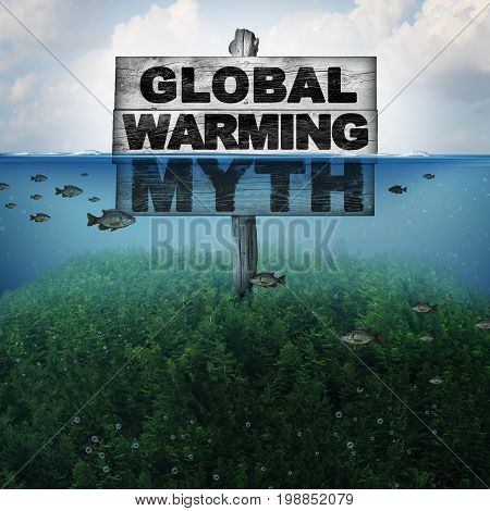 Global warming myth and climate change or extreme weather conditions concept and rising ocean due to hot weather and melting of the polar ice caps as a mountain under water flooded with 3D illustration elements.