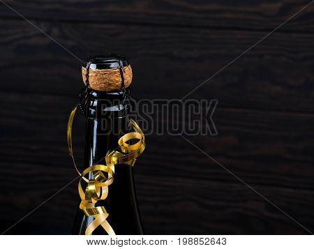 Wine Bottle On Wood Floor And Grunge Background, Nearby Cork, Tinsel, The Concept Of The Celebration