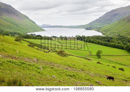 Wast Water lake, view from the path on the way to Scafell pike, the highest mountain in England, Lake District National Park, England, selective focus