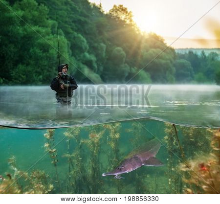 Fisherman trying to catch predator fish, half to half image mantage. utdoor fishing in river during sunrise. Hunting and hobby sport. Underwater life