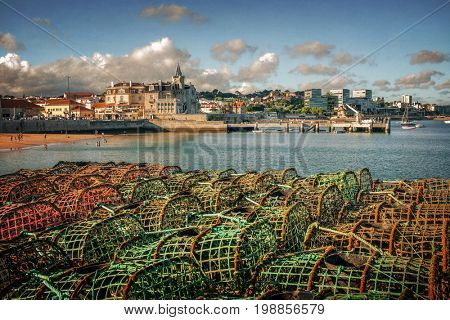 Natural landscape of Cascais Bay, Portugal, with piles of fishing traps in the foreground