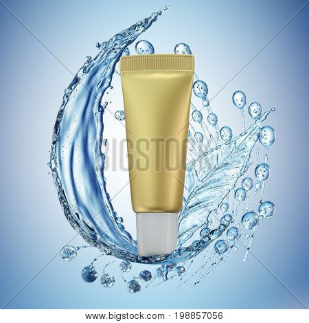 Cream bottle mock up in water splash on blue background. 3D illustration