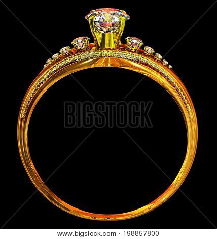 Engagement gold ring with diamond gem. luxury jewellery crystal bijouterie with gemstone for people in love . Frontal view on black background.3D rendering.