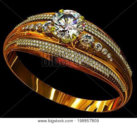 Engagement gold ring with large diamond gem. luxury jewellery bijouterie with group small gemstone for people in love . Frontal view on black background. 3D rendering.
