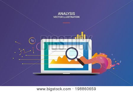 Flat vector business analysis or report themed illustration isolated on blue background
