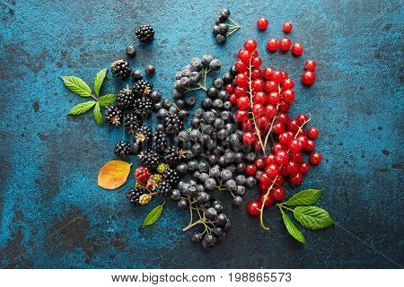 Assorted fresh berries with leaves on metal background. Mix of fresh berries with leaves on textured metal background. 