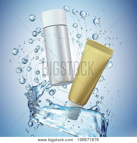 Cream bottle mock up in water splash on blue background. 3D illustration