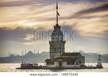 Maiden's Tower before sunset in Istanbul Turkey