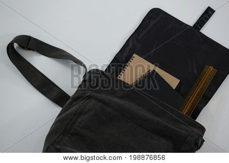 Organizer and scale in sling bag on white background