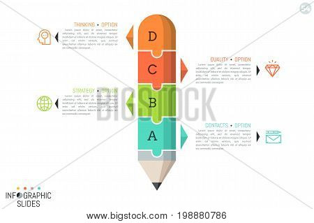 Jigsaw puzzle in shape of pencil divided into 4 parts. Minimal infographic design layout. Study, education and learning concept. Vector illustration for website, presentation, report, brochure, ad.